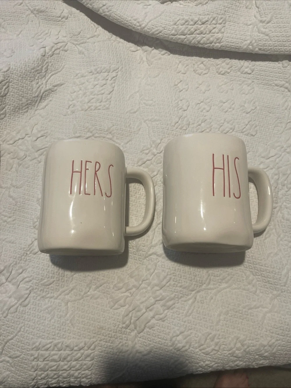 Rae Dunn White Ceramic Mug Set with Black Stamp His&Hers in red almost 5” High